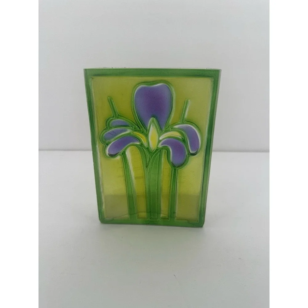 Art Nouveau Glass Block Stain Glass Bud Vase Vessel Purple Iris Romania 1985 7